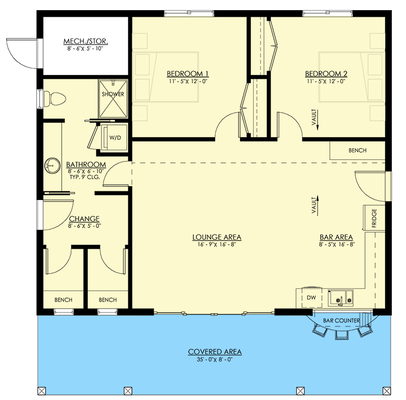 Plan 270072AF: Pool or Guest House Plan with Vaulted Interior and 8-Foot-Deep Porch - 1050 Sq Ft - Floor Plan - Main Level