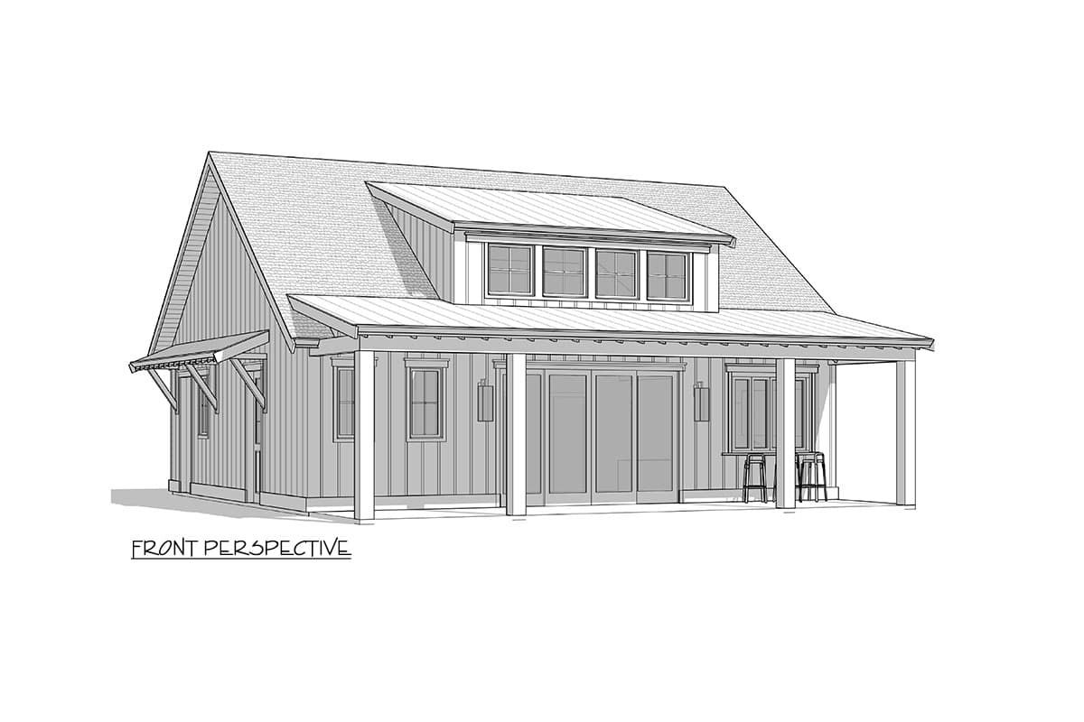 House plan exterior: Modern Farmhouse style, one story, with a covered porch, gabled dormer, and vertical siding.