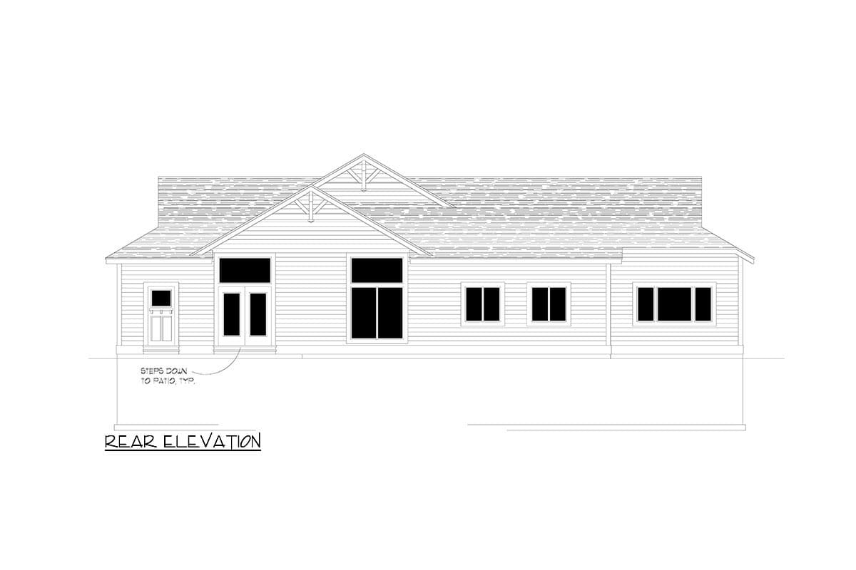 Rear elevation drawing of a one-story house with double doors, gable detail, and multiple windows.
