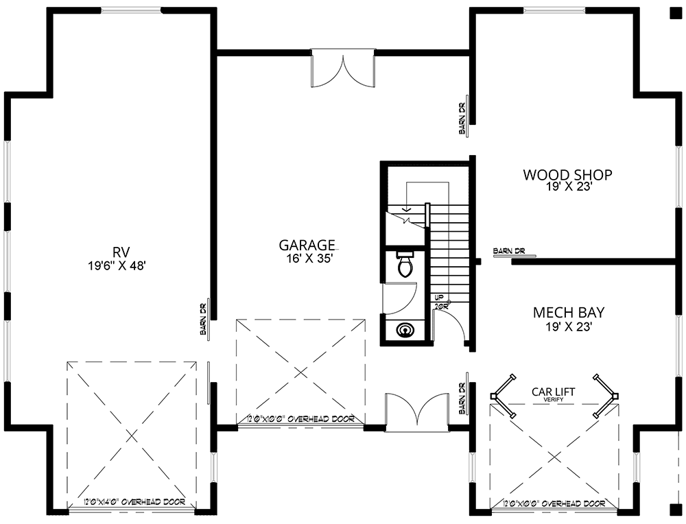 Plan 267020SPK: Modern 2-Bed House Plan with 3 Garage Bays: an RV, a Tandem and Shop - Floor Plan - Main Level - Contemporary, Mid Century Modern, Modern, Northwest