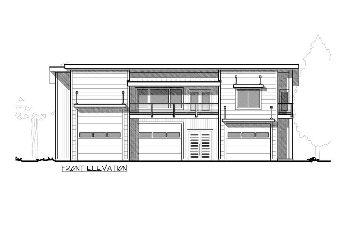 Front elevation drawing of a two-story modern house with three garage doors, balcony, and large windows.