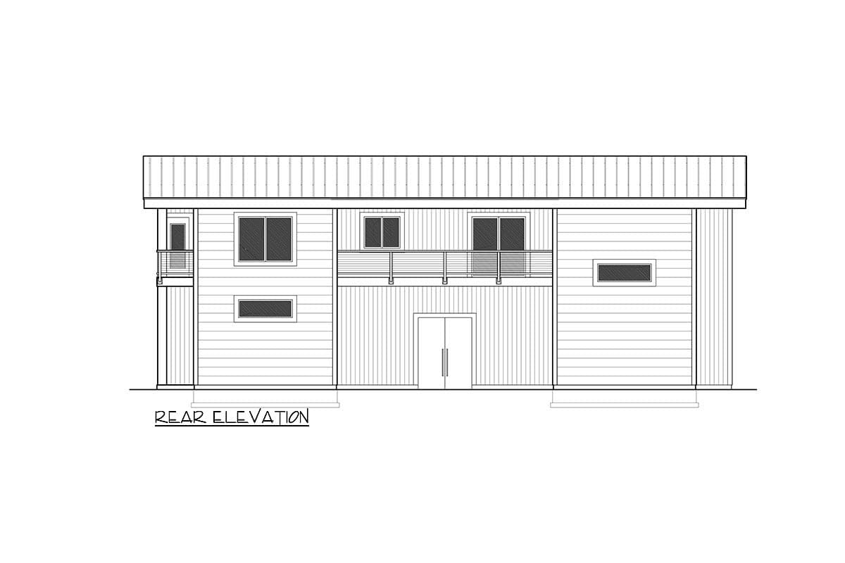 Rear elevation drawing of a two-story house plan with horizontal siding, double doors, and a balcony.
