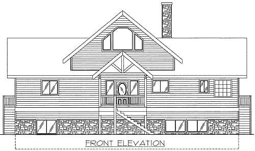 Front elevation drawing of a two-story house plan with a prominent gable, covered porch, and stone foundation.