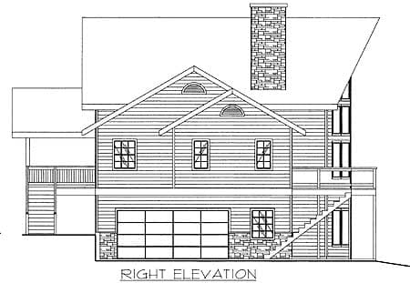Right elevation house plan drawing shows a multi-story home with a large garage door, gabled roof, and stone chimney.