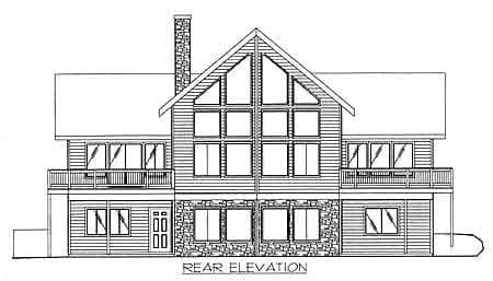 Rear elevation drawing of a two-story house with stone base, large gable windows, and wrap-around balconies.