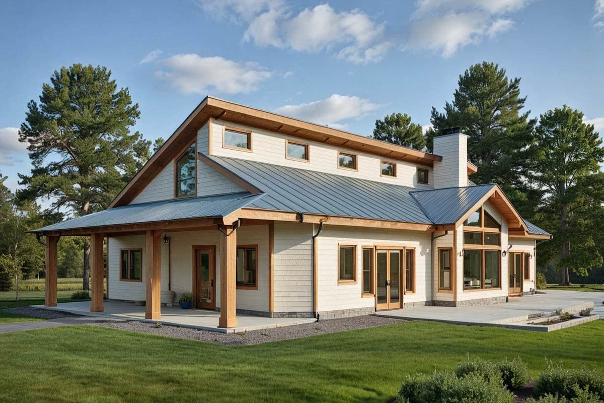 House plan exterior: two-story home with metal roof, long covered porch, prominent gables, and large arched window.