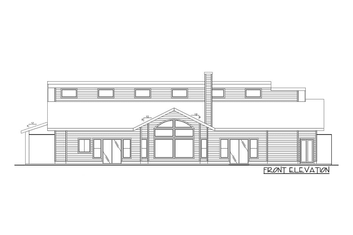 Front elevation drawing of a two-story house plan with a prominent arched window, horizontal siding, and multiple smaller windows.