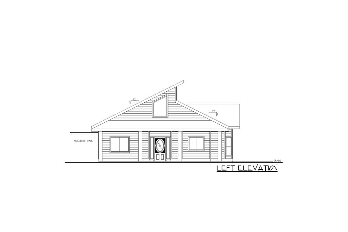 Left elevation drawing of a house with a prominent asymmetrical roofline, covered entry, and retaining wall.