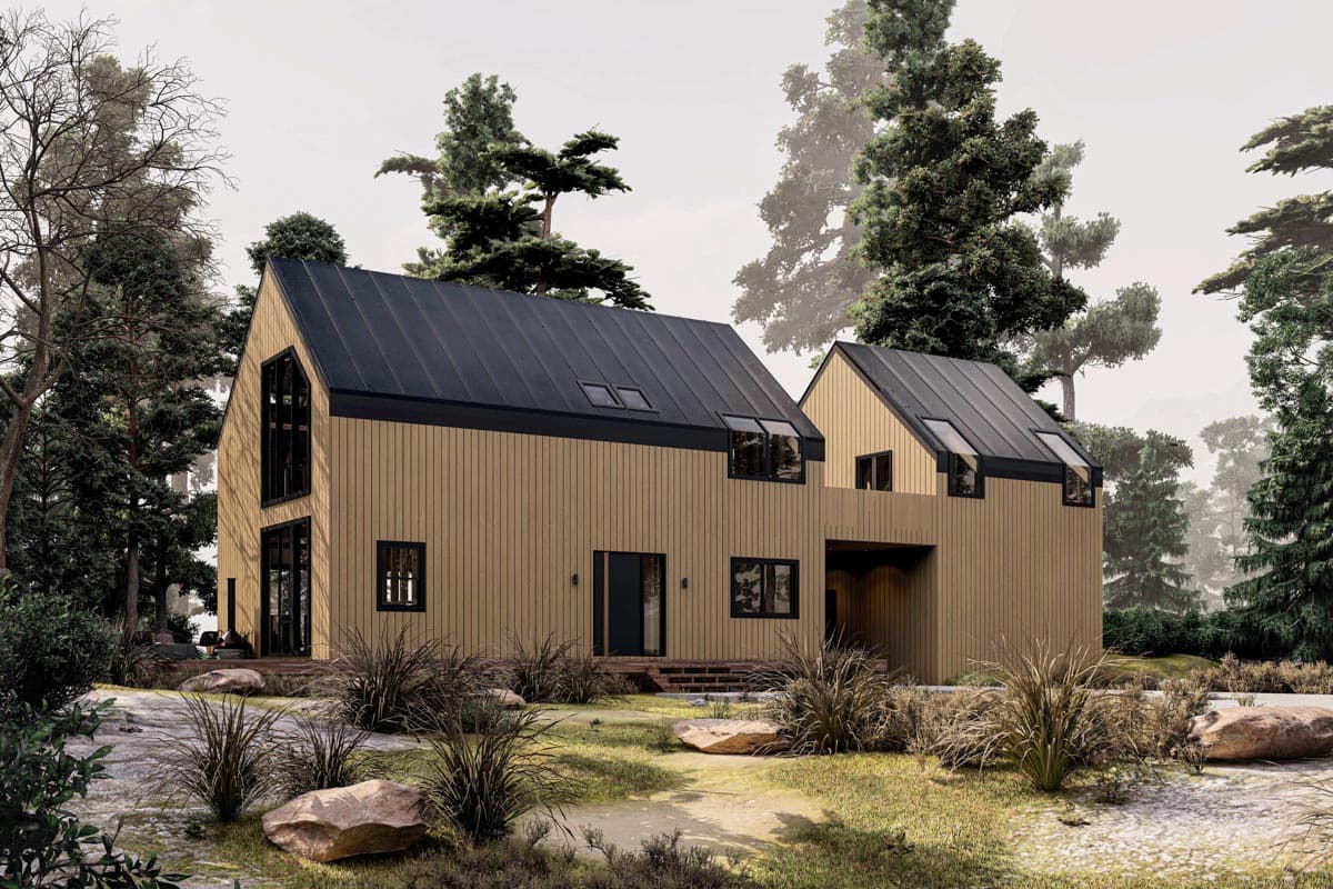 House plan exterior of a two-story modern home with a vertical wood facade, gable roof, and large windows.