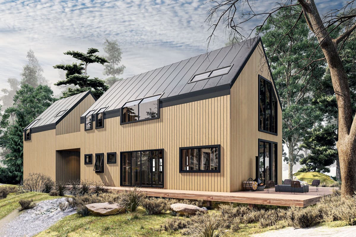 House plan exterior. Modern style, two stories. Features include a shed roof, clerestory windows, and a covered porch area.