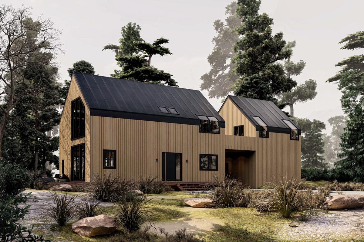 House plan exterior: Modern style, two stories, vertical siding, gabled roof with dormers, and large geometric window.