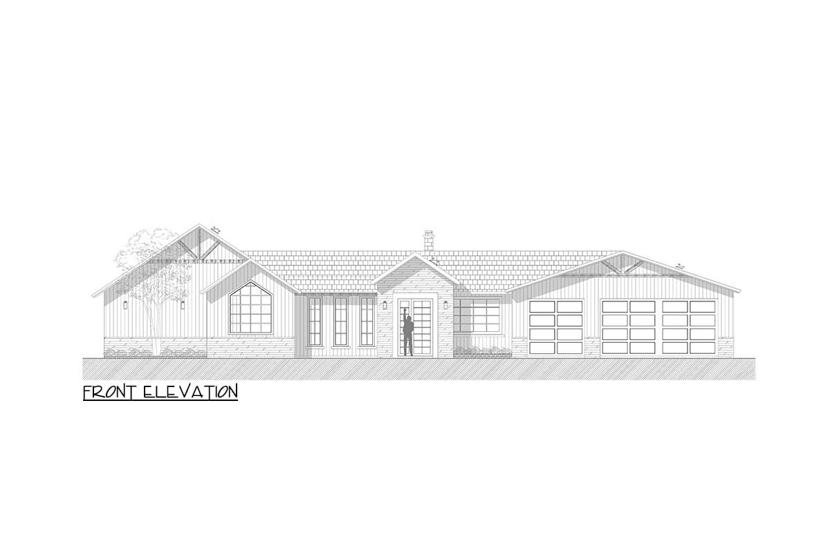 Front elevation drawing of a single-story house with a gabled entrance, large window, and a three-car garage.