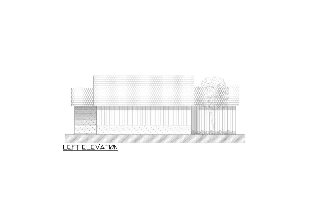 Left elevation drawing of a modern house with brick and vertical siding, featuring large windows and a flat roof.