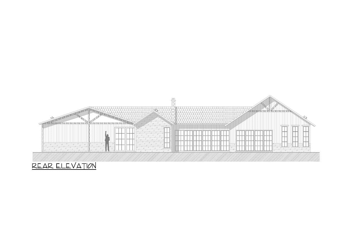 Rear elevation drawing of a house with a long, low roofline, covered porch, and numerous windows.