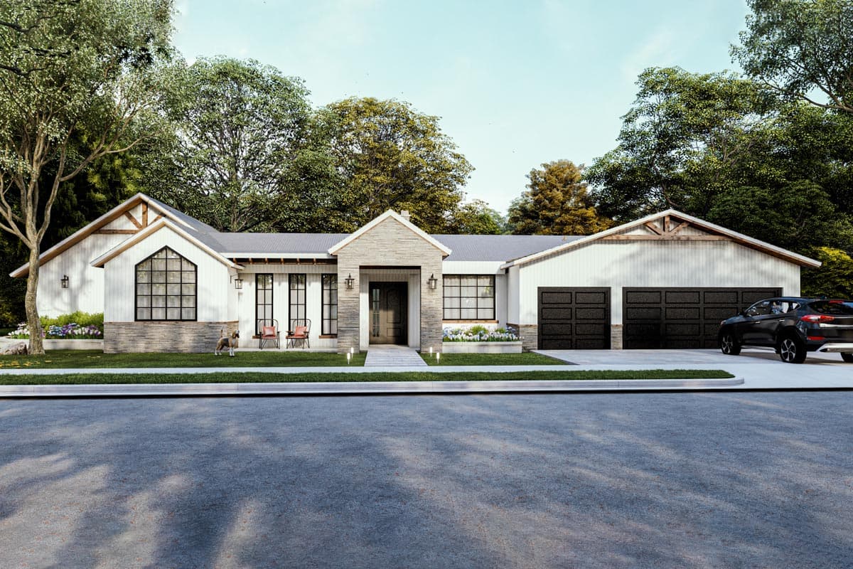 House plan exterior with modern farmhouse style. Features include a two-car garage, gable roof, and stone facade accents. One story home.