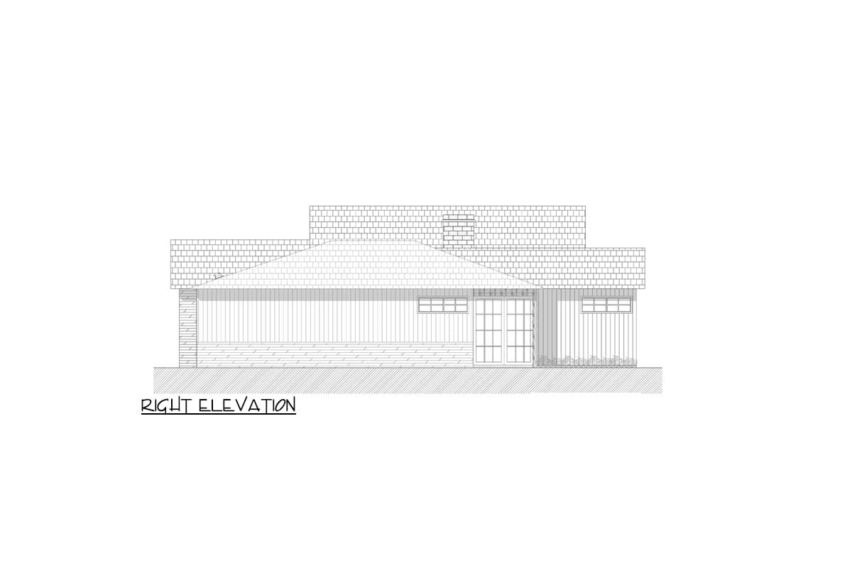 Right elevation house plan: single-story, hip roof, brick facade, double glass doors, and three windows.
