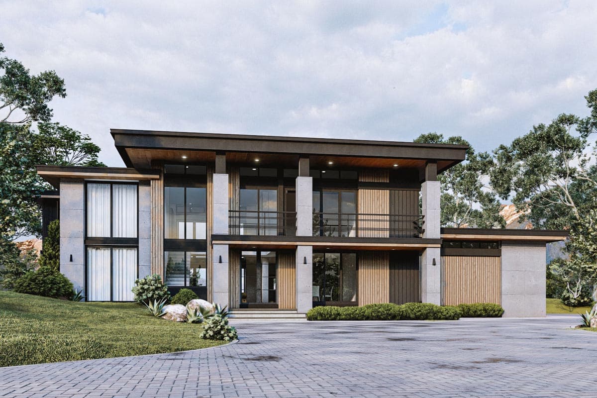 House plan exterior. Modern style, two-story home with flat roof, balconies, large windows, and vertical wood siding accents.