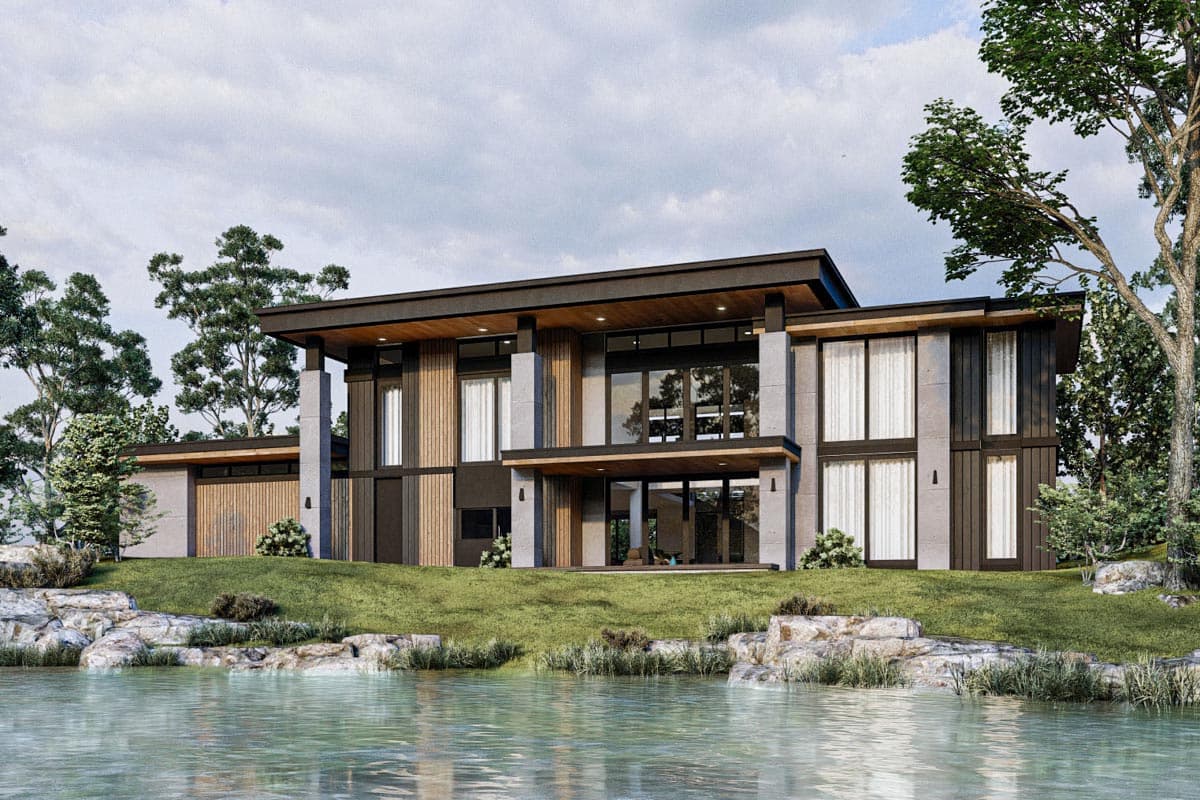 Modern house plan exterior with large windows, cantilevered roof, wood and concrete facade, and attached garage.