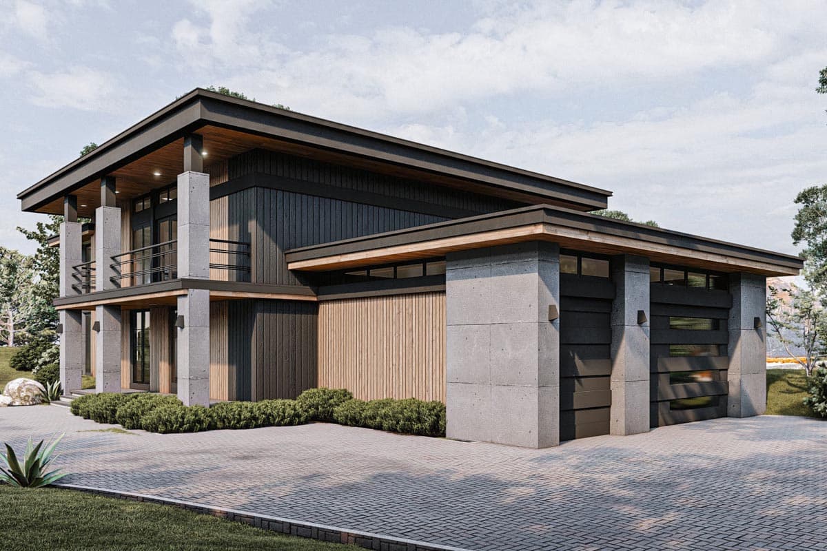 House plan exterior: two-story modern home with flat rooflines, concrete pillars, wood siding, balcony, and a two-car garage.