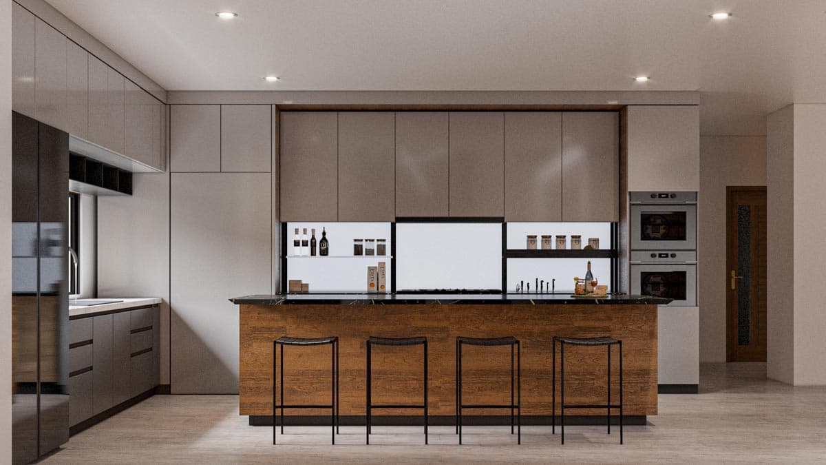 Modern kitchen with a large island, integrated ovens, and sleek cabinetry.