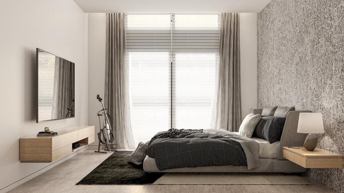 Bedroom rendering with bed, TV, floating media console, and large window with blinds and drapes.