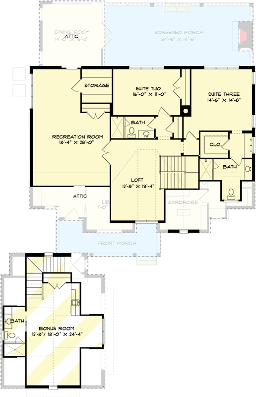 Plan 93175EL: Transitional 2-Story House Plan with Private Apartment Above Garage - Floor Plan - 2nd Floor - Acadian, New American, Southern, Transitional