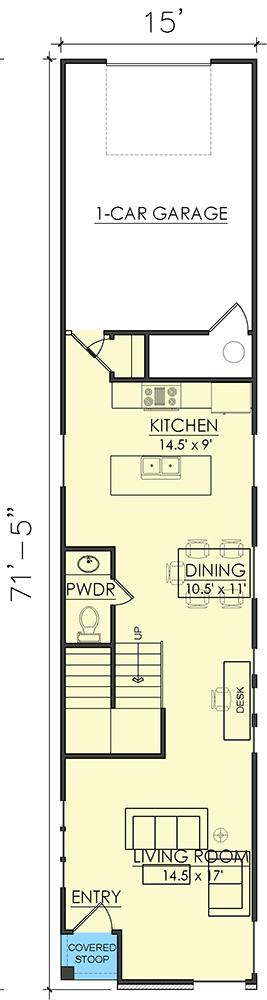 Plan 421511CHD: 15-Foot-Wide Townhome Plan with 1-Car Alley-Access Garage - Floor Plan - Main Level - Contemporary, European, Northwest, Transitional