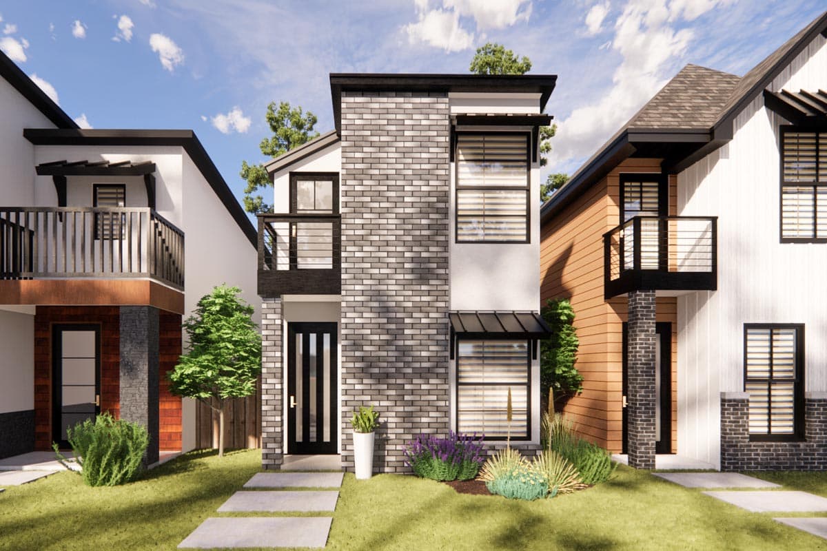 House plan exterior featuring Modern style. Two-story with brick, horizontal siding, and balconies. Black trim complements the design with awnings.