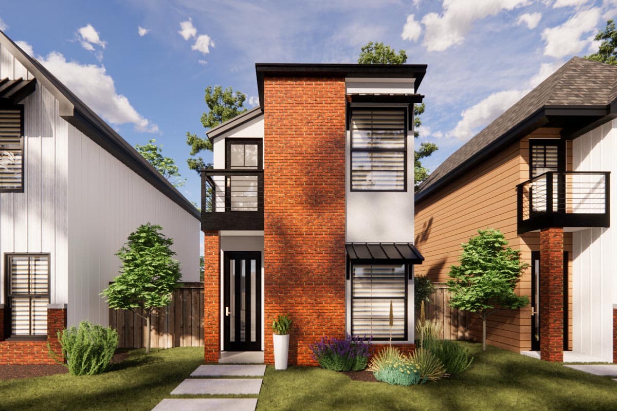House plan exterior: two-story modern home with brick accents, balcony, and vertical siding.