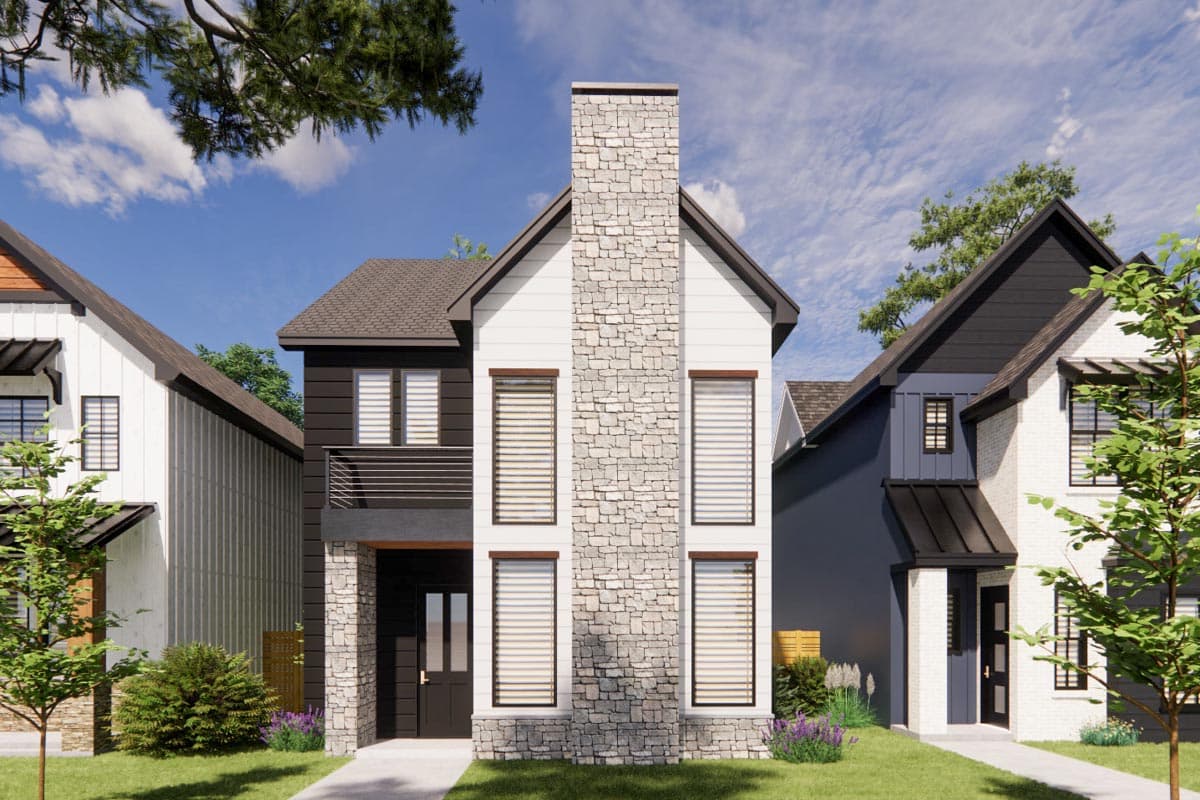 House plan exterior. Two-story Modern house with a stone chimney, dark trim, and a gabled roof. A black front door and a balcony are visible.