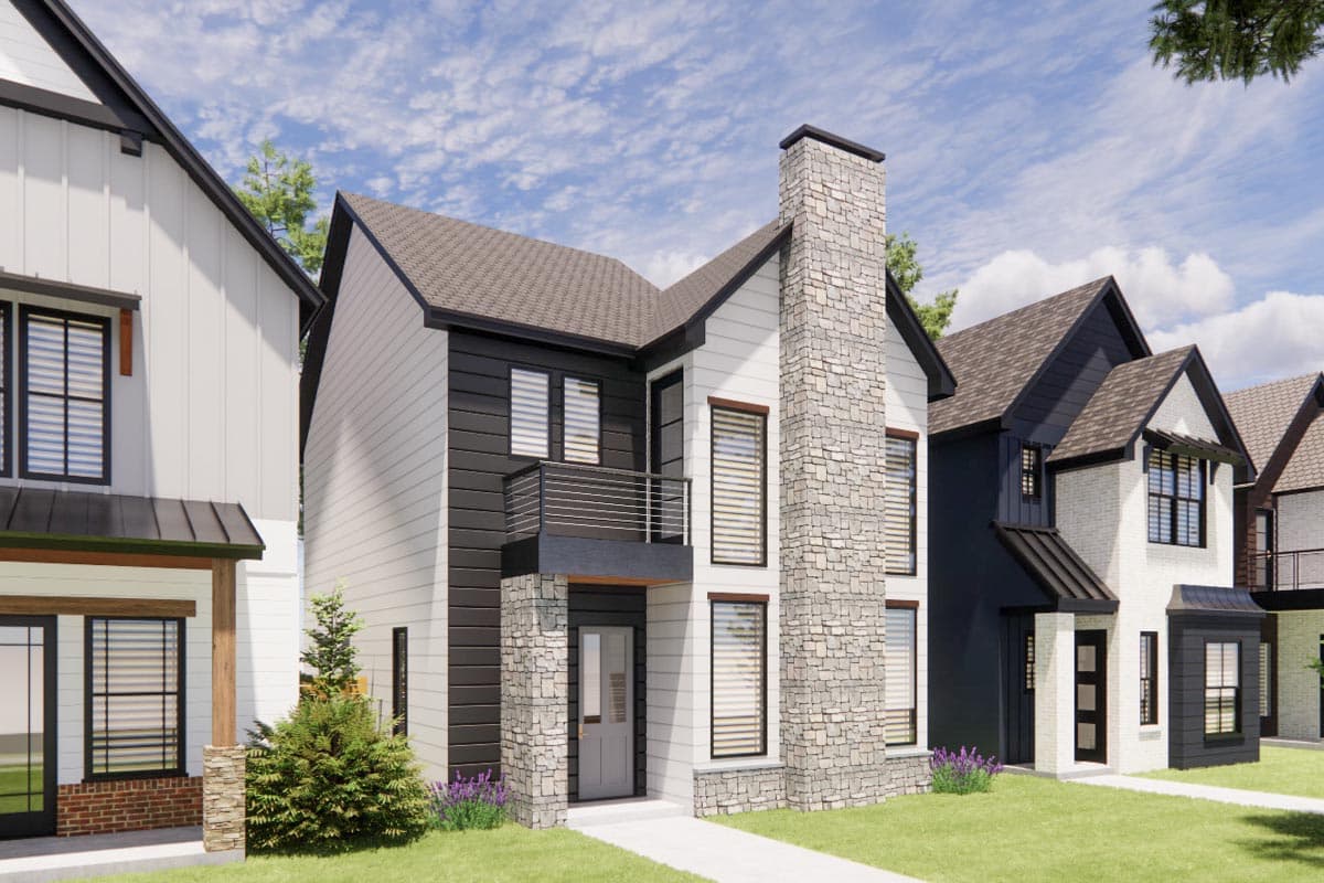 Two-story modern house plan exterior with stone chimney, balcony, and varied siding.