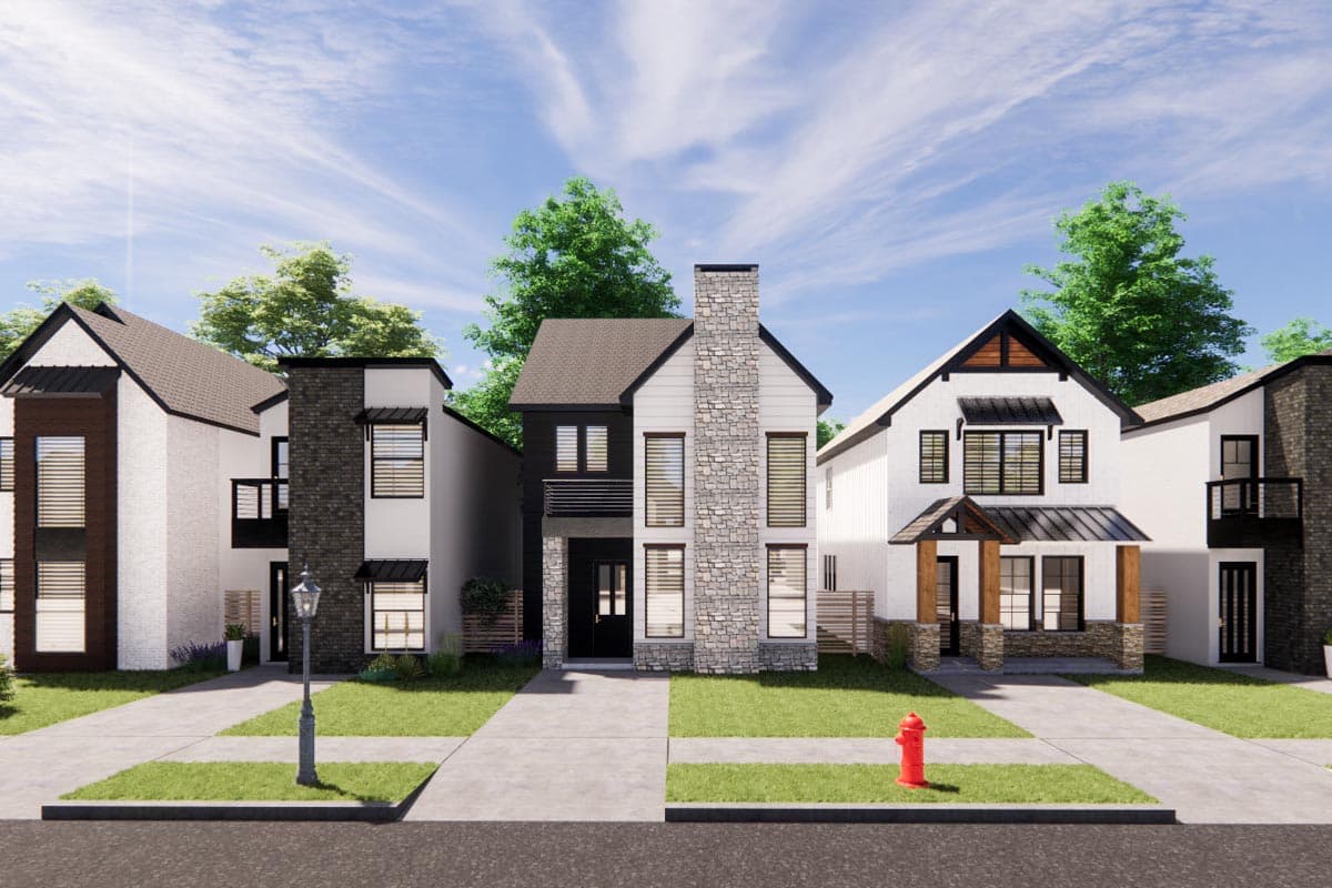 House plan exteriors showcasing modern farmhouse style with gables, prominent stone chimneys, and covered entryways.