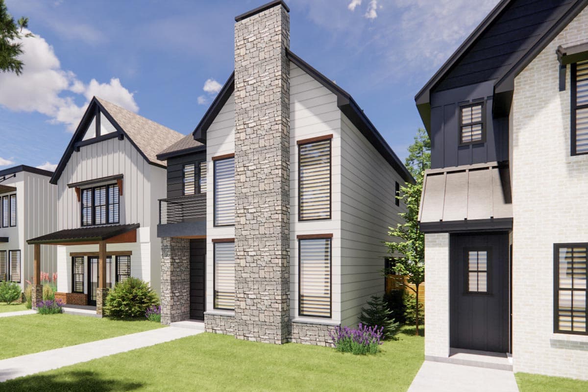Modern two-story house plan exterior with stone chimney, vertical siding, and large windows.
