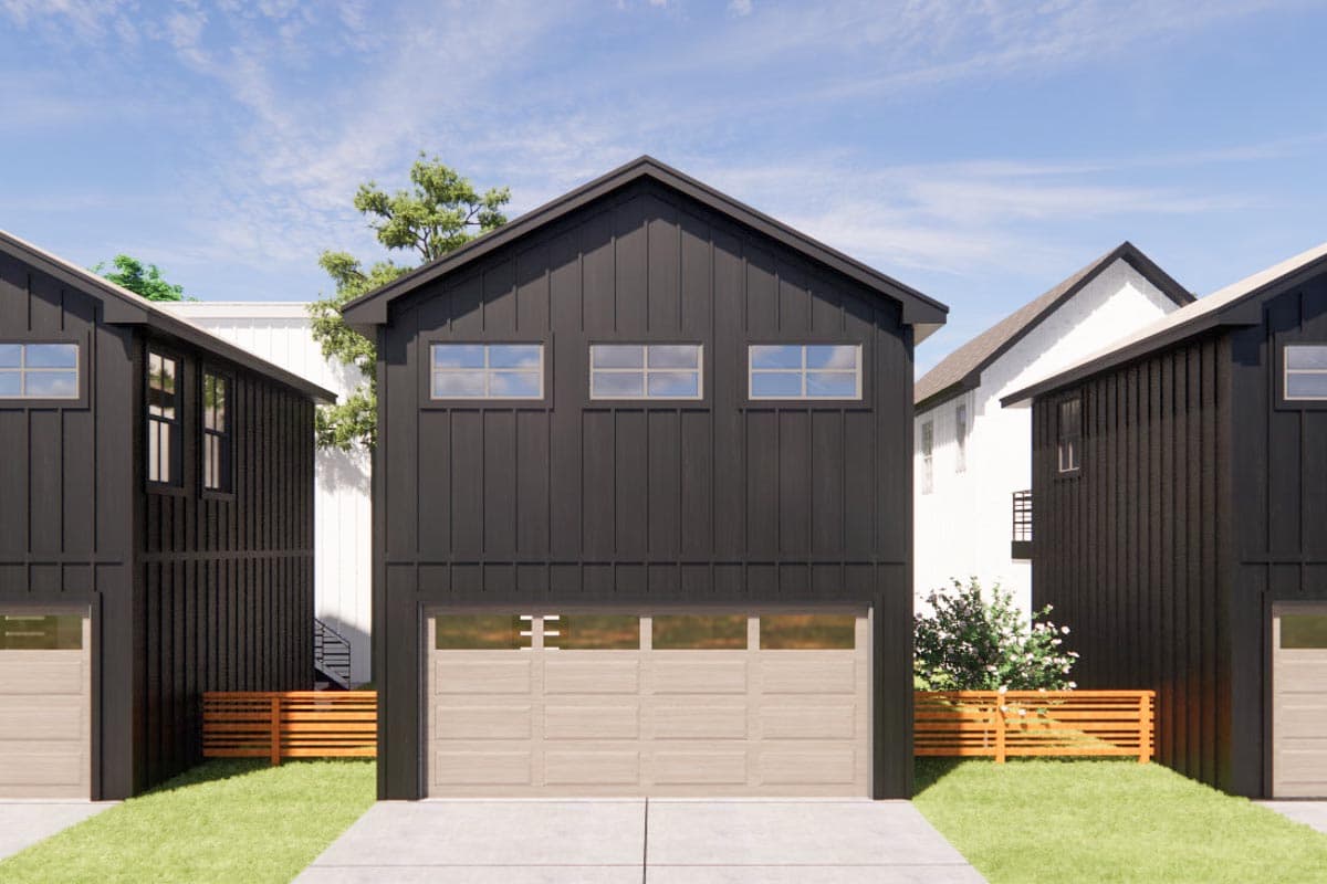 Modern house plan exterior with black vertical siding, gabled roof, two-car garage, and three upper windows.