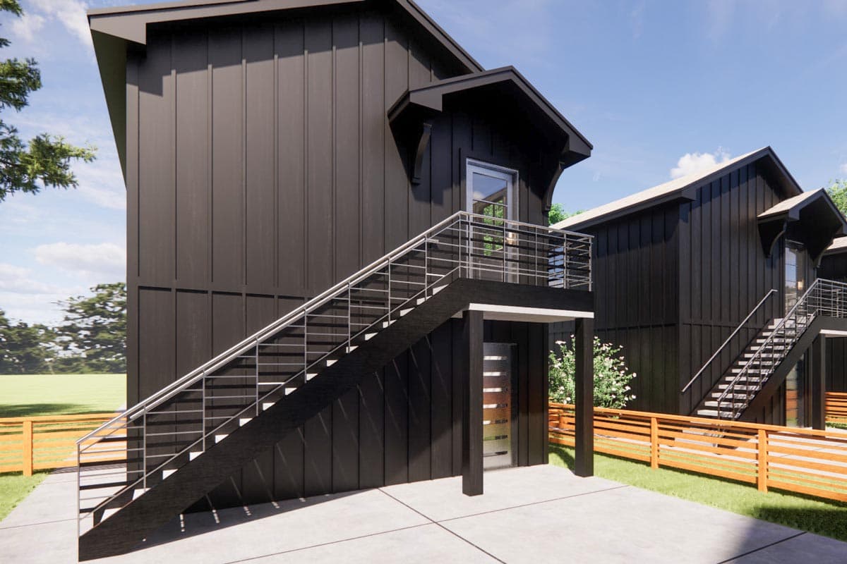 Exterior rendering of a modern house plan with dark vertical siding, a detached garage, and prominent external staircases with metal railings.