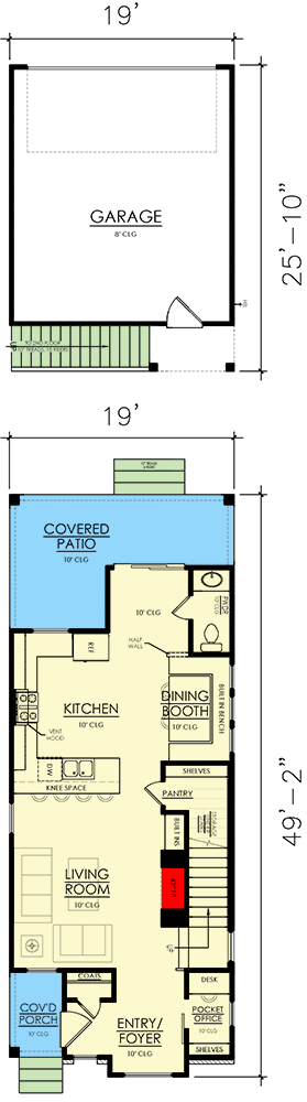 Plan 421513CHD: 19-Foot-Wide Transitional Tudor House Plan with Detached Garage with ADU Apartment Above - Floor Plan - Main Level - Contemporary, European, Transitional, Tudor