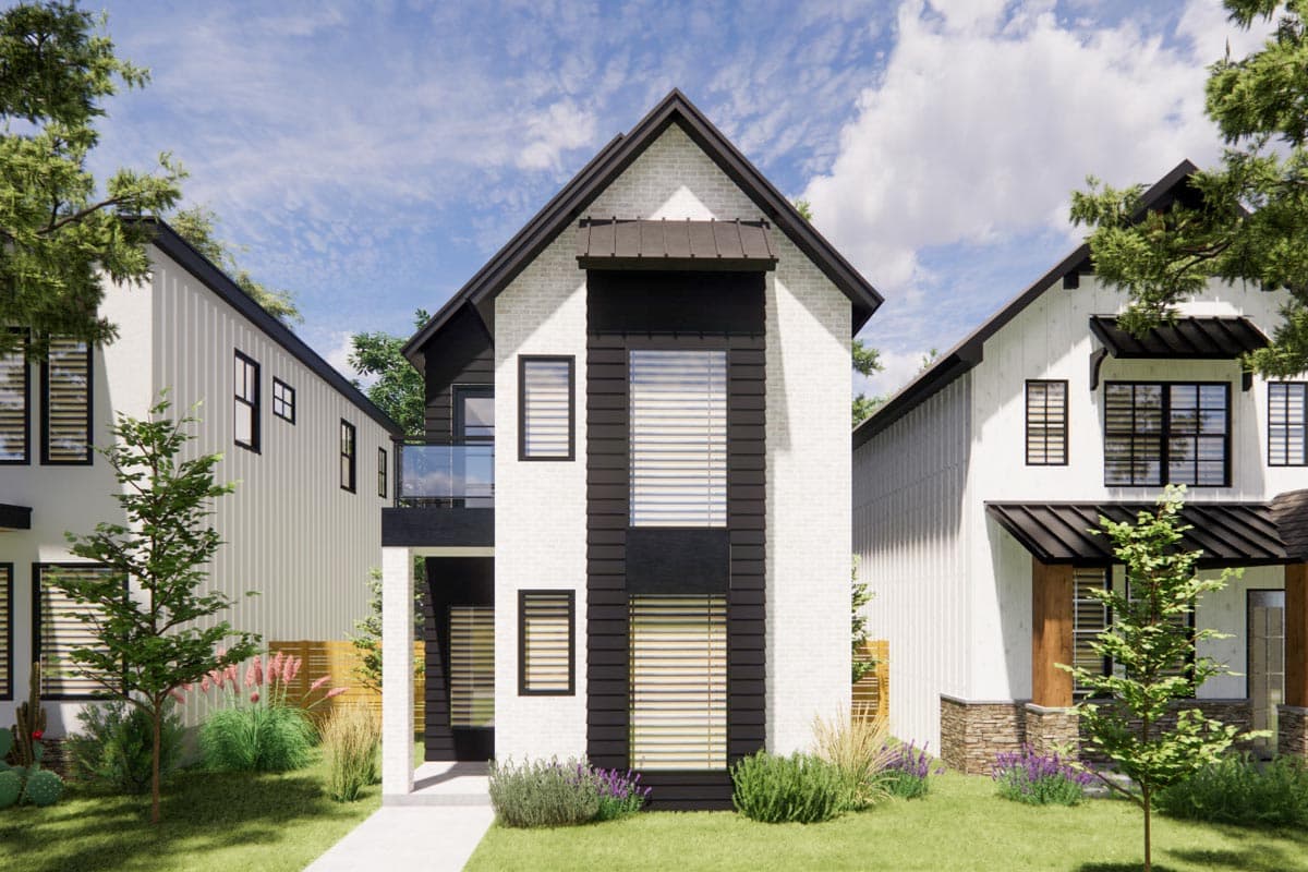 House plan exterior. Two-story Modern Farmhouse with gabled roof, dark trim, and a small front porch with a glass balcony.