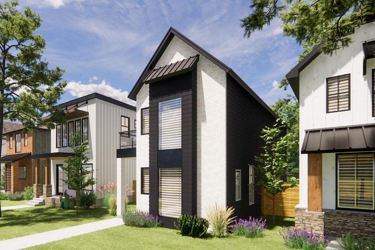 Modern house plan exterior with white brick, black siding, gabled rooflines, and tall windows.