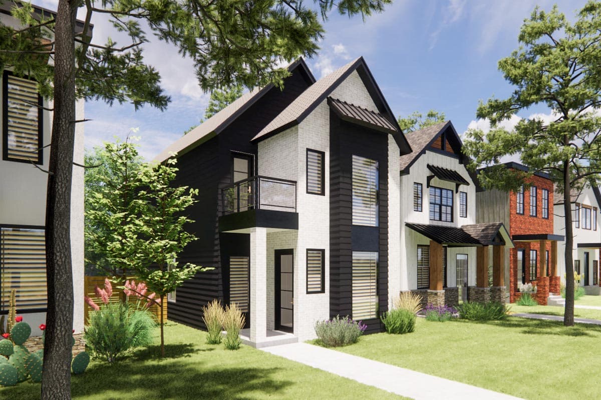 House plan exterior showcasing two-story modern homes with gabled roofs, mixed materials, and prominent windows.