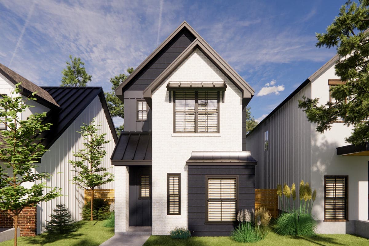 House plan exterior of two-story Modern Farmhouse with white brick, dark siding, gable rooflines, and metal awnings.