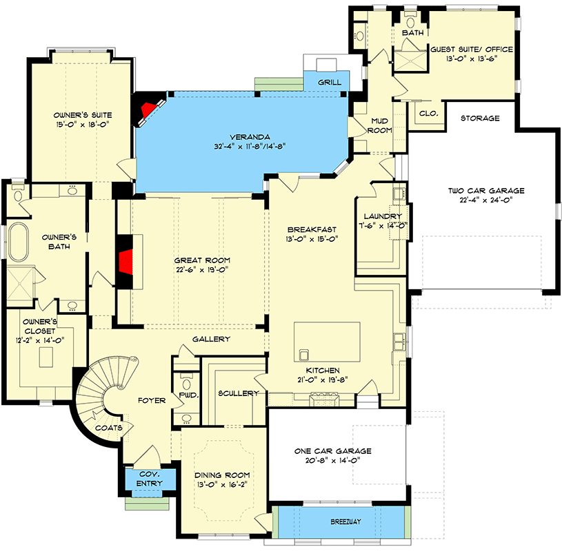 Plan 93179EL: Luxury European Home Plan with Media and Play Rooms Upstairs - Floor Plan - Main Level - European, Southern, Traditional