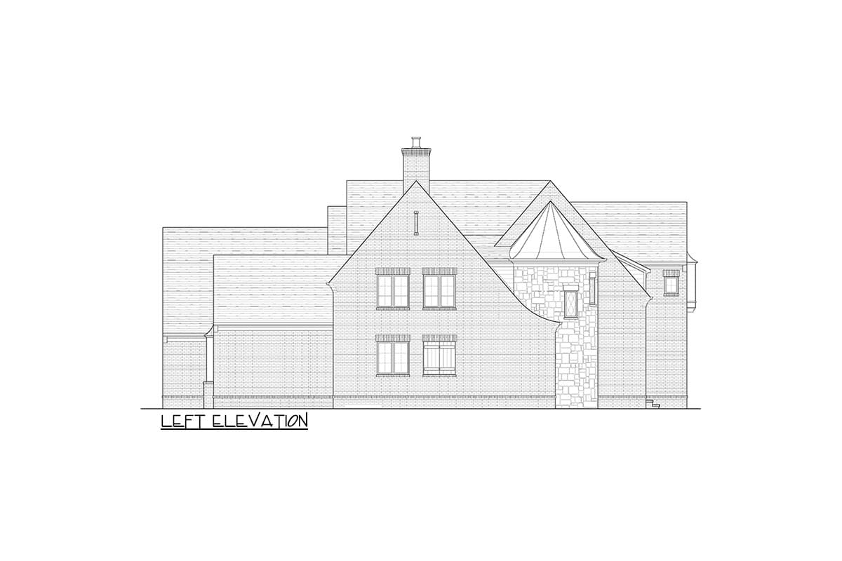 Left elevation house plan showing brick facade, gabled roofs, dormers, chimney, and stone turret.