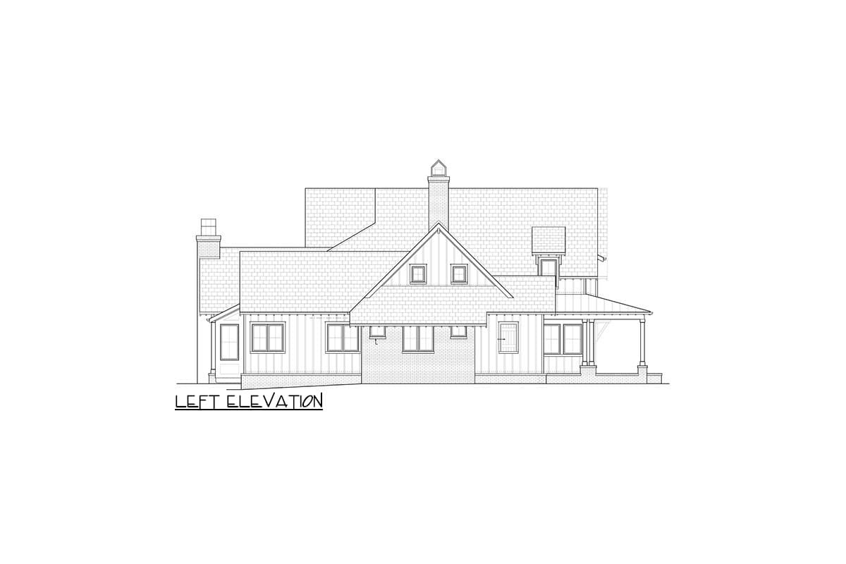 House plan left elevation showing a gabled roof, dormers, chimney, and covered porch.