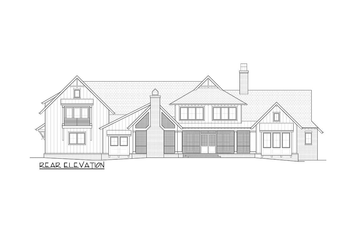 Rear elevation drawing of a two-story house plan with gables, dormers, brick chimney, and covered porch.