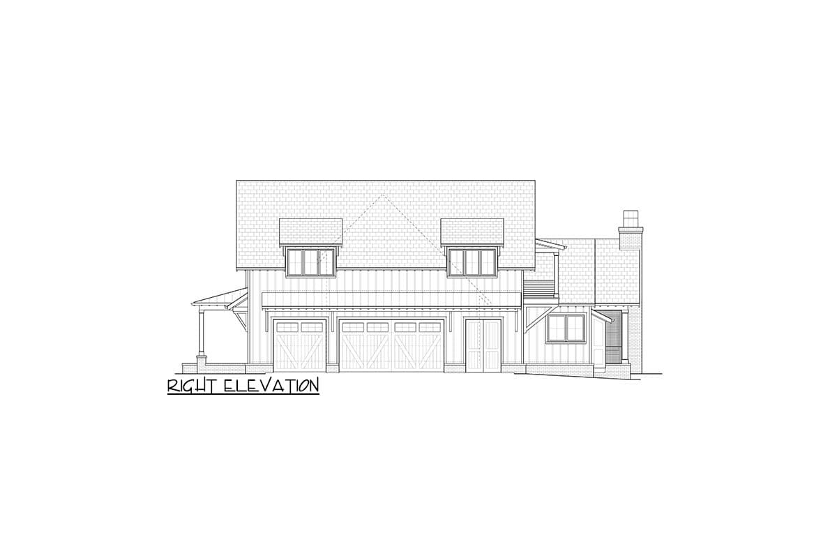 Right elevation house plan: two-story, hip roof, three-car garage, dormers, and covered entryway.