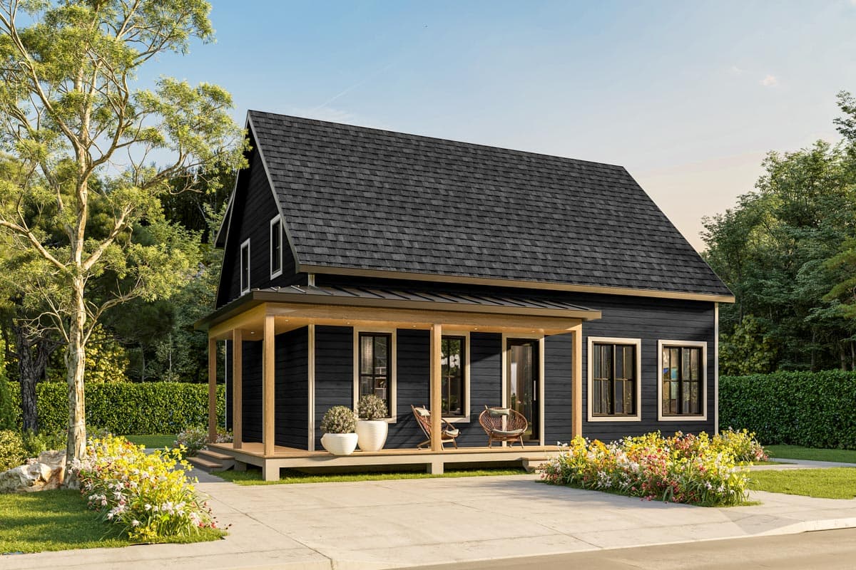 House plan exterior: Modern two-story dark-sided home with a covered front porch, gabled roof, and vertical siding.