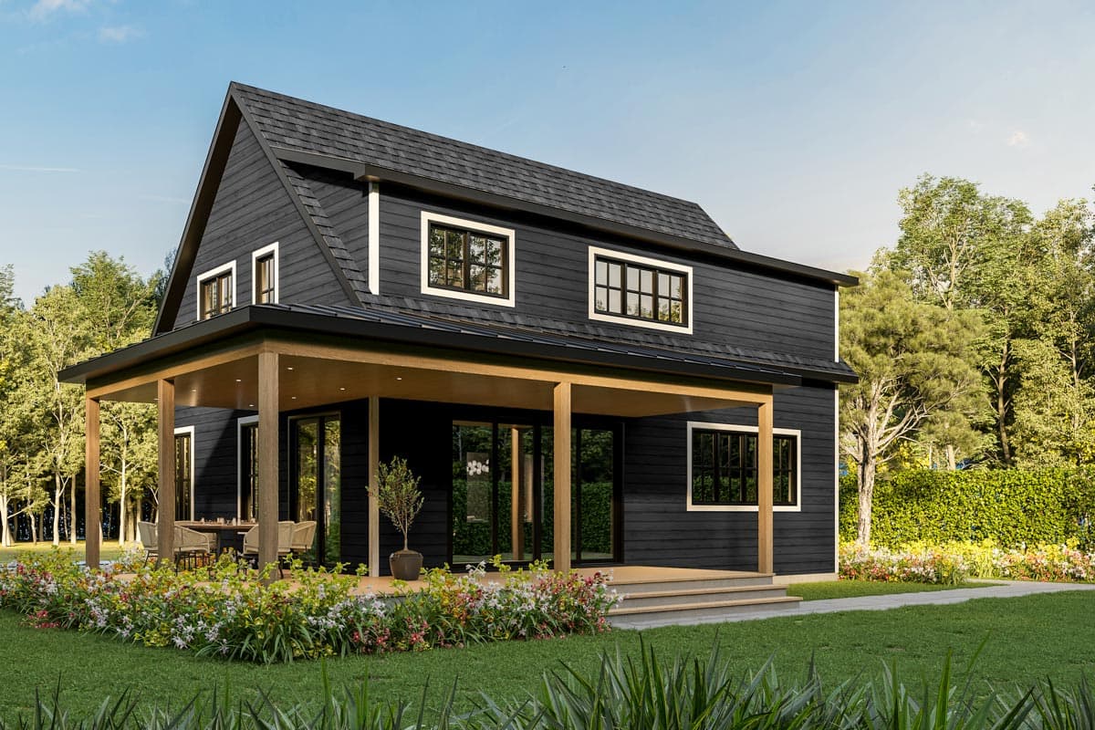Two-story modern house plan with dark siding, a prominent gable roof, and a wide covered porch with wood beams.