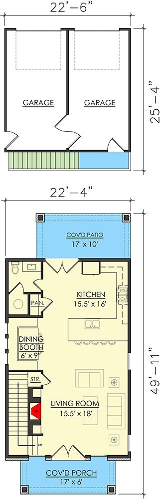 Plan 421515CHD: Narrow Two-Story 3-Bed House Plan with Detached Garage with Apartment Above - Floor Plan - Main Level - Craftsman, New American, Traditional