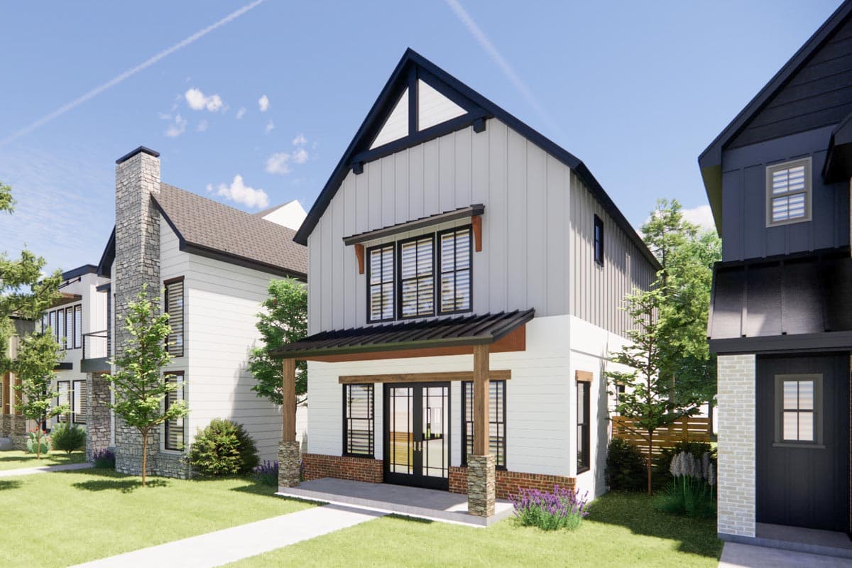 House plan exterior: Modern Farmhouse style, two stories, with a covered front porch, prominent gables, and stone chimney.