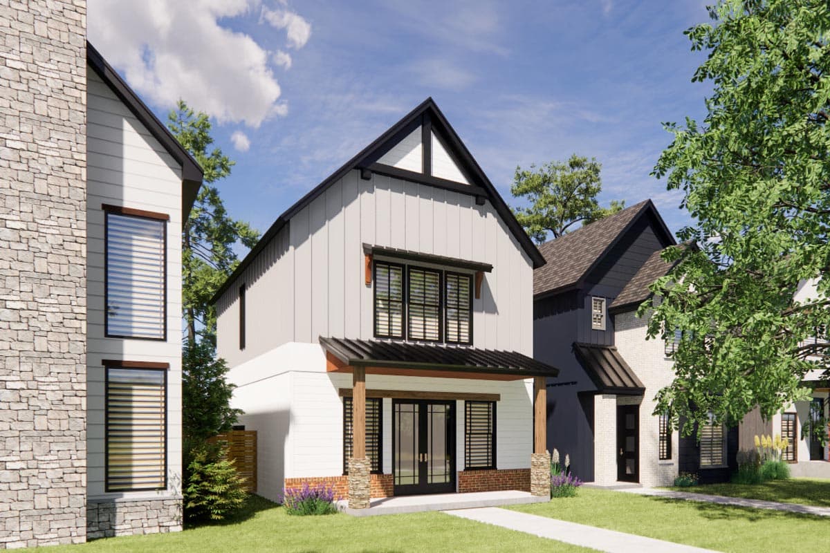 House plan exterior: Modern Farmhouse style, two stories, gable roof, covered porch with stone pillars, and vertical siding.